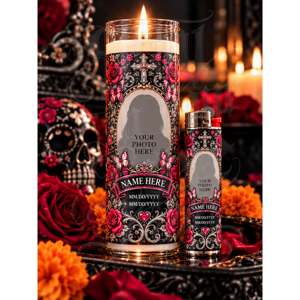 Custom Memorial Candle + Matching Lighter Set